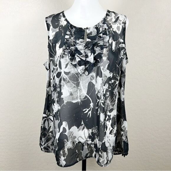 Lane Bryant Floral Ruffle Blouse Black Gray White Sheer Sleeveless Top 16 Plus - Picture 1 of 10